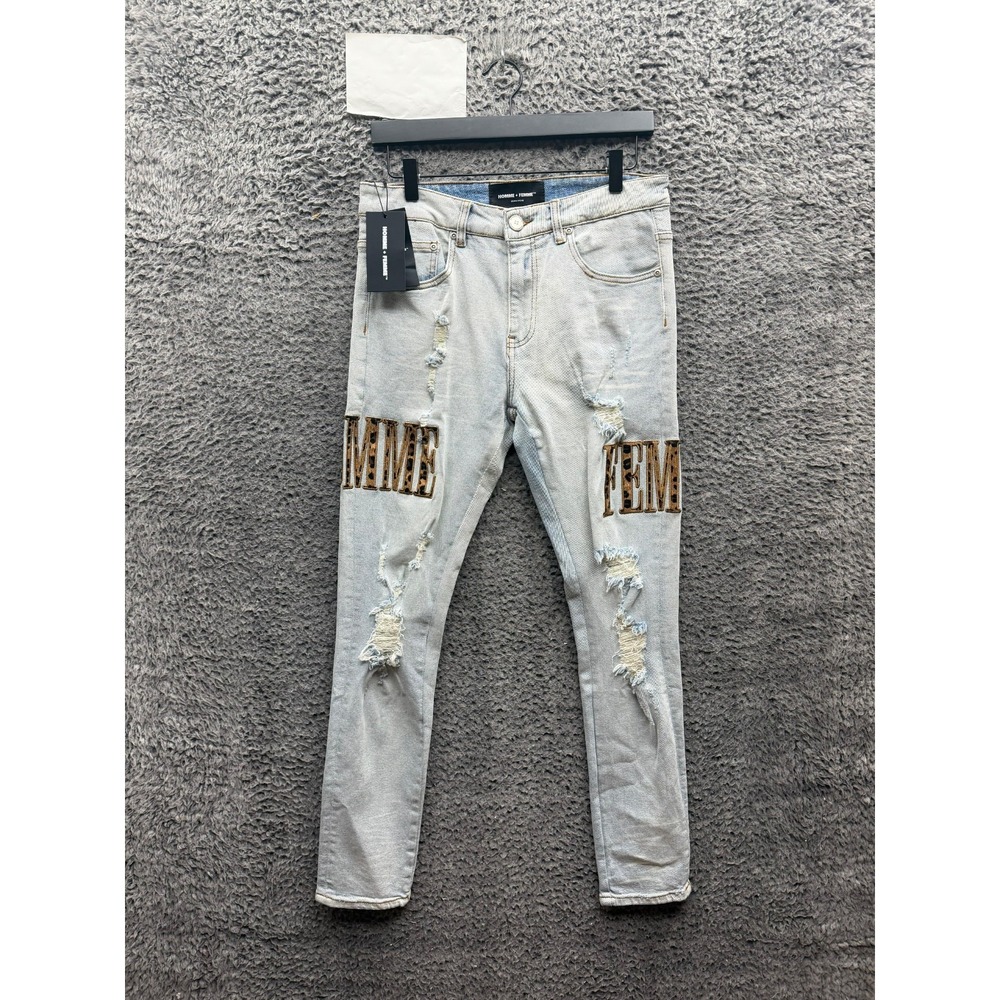 NWT Homme + Femme Letterman Skinny Denim Jeans Blue Cheetah Letters Size 30